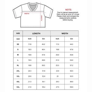 May include: A white V-neck t-shirt diagram with length and width measurements in inches and centimeters. The size chart includes XS to 5XL. The note states that there may be a 1-3 cm error in measurements.