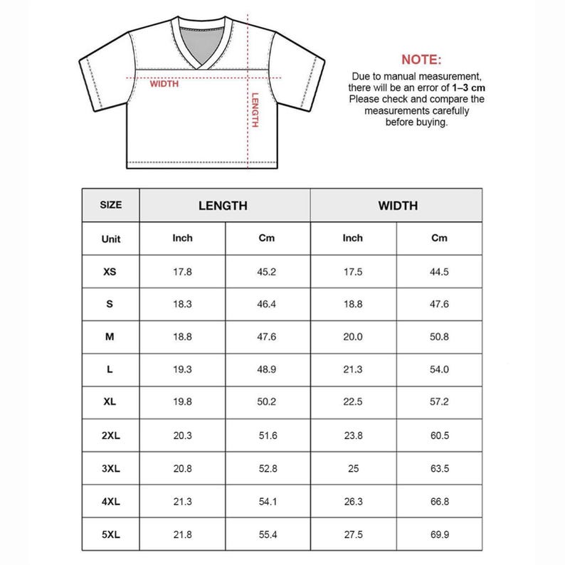May include: A white V-neck t-shirt diagram with length and width measurements in inches and centimeters. The size chart includes XS to 5XL. The note states that there may be a 1-3 cm error in measurements.