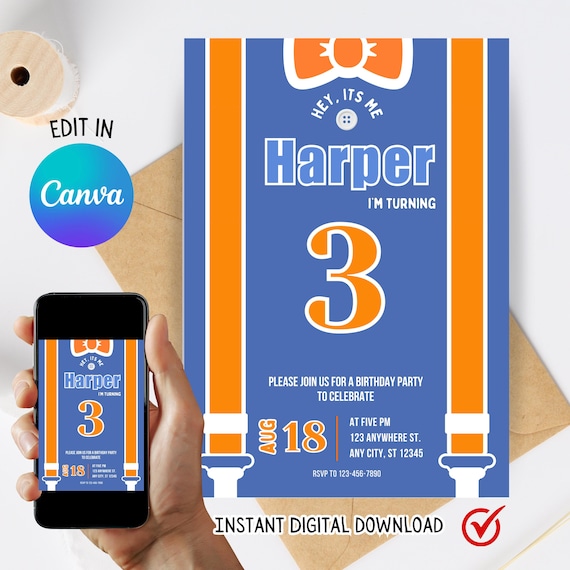 Construction Invitation Blue and Orange bow Party Invite Boy Construction Party Editable Invite Excavator Party Boys Themed Invite