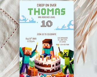 Inviti di compleanno modificabili Mine Crafter, dimensioni 5x7, invito di compleanno a tema videogiochi, biglietto di auguri, compleanno bambina/bambino, invito digitale