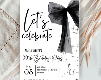 Editable Black Bow Birthday Invitation Minimalist Bow Birthday Invite Black Ribbon Coquette 16th 18th 21st 30th Birthday Party Canva