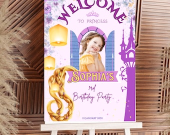 Letrero de bienvenida de Enredados, letrero con foto para fiesta de la princesa Rapunzel de Enredados, letrero para fiesta de Rapunzel tamaño A1 - Descarga instantánea en CANVA