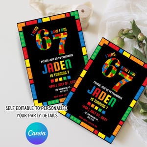 May include: Two birthday party invitations with a black background and colorful block-style borders. The invitations read "I WAS 67 NOW I AM" and include the text "PLEASE JOIN US TO CELEBRATE JADEN IS TURNING 7".
