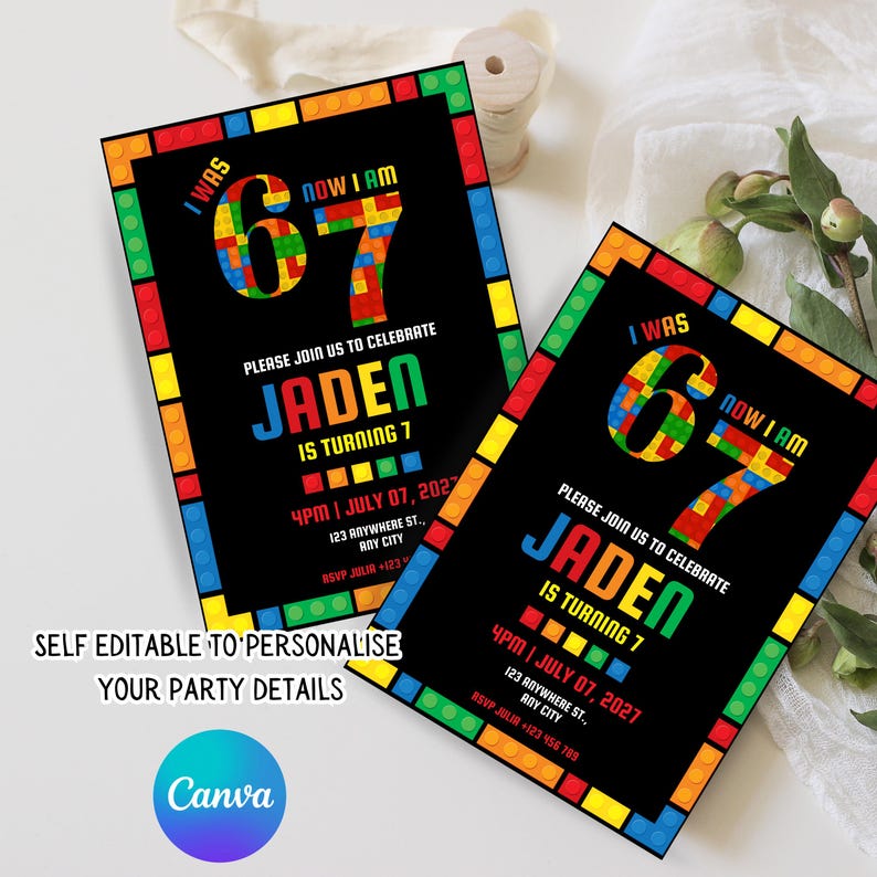 May include: Two birthday party invitations with a black background and colorful block-style borders. The invitations read "I WAS 67 NOW I AM" and include the text "PLEASE JOIN US TO CELEBRATE JADEN IS TURNING 7".