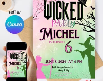 EDITABLE Wicked Birthday Party Invitation, 6th Girl birthday or ANY AGE, Digital Wicked Party evite, Pink And Green Party