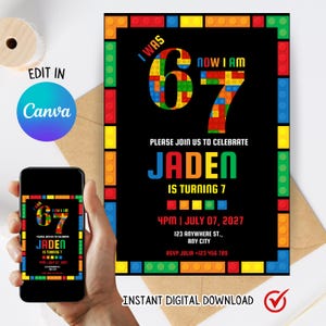May include: A birthday invitation with a black background and colorful block-style borders. The text reads "I was 6, now I am 7" with the name "Jaden" and party details. A smartphone displays the invitation. The words "Instant Digital Download" are also present.