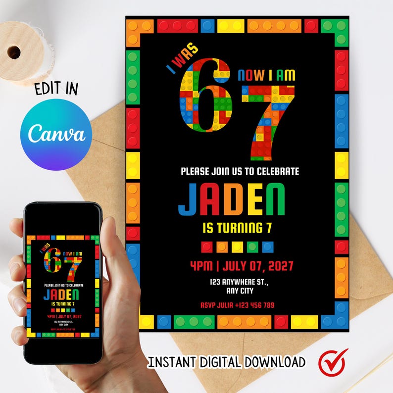 May include: A birthday invitation with a black background and colorful block-style borders. The text reads "I was 6, now I am 7" with the name "Jaden" and party details. A smartphone displays the invitation. The words "Instant Digital Download" are also present.