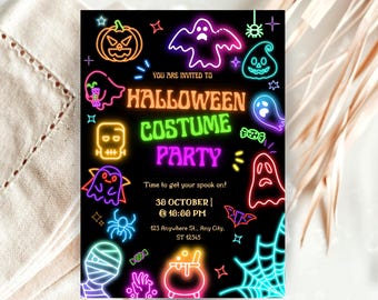 Editable Neon Halloween Costume Invitation, Halloween Invitation Kids Halloween Birthday Halloween Spooky Party Invite, Neon Glow Halloween
