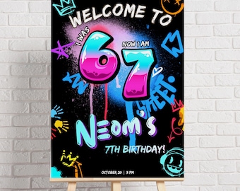 Six Seven Boy Birthday Welcome sign | I was 6 now I'm 7 Party decor | 6 7 Digital Download Canva Template