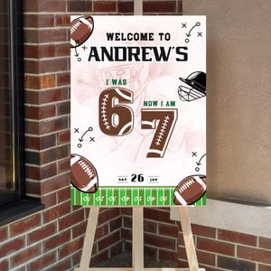 Könnte beinhalten: Ein Willkommensschild für Andrew mit Football-Motiven. Der Schriftzug "Welcome to Andrew's" ist zu sehen, sowie die Zahlen "6" und "7" im Football-Design. Das Datum "SAT 26 JAN" ist ebenfalls abgebildet.