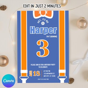 May include: A blue birthday party invitation with orange accents. The invitation features the name "Harper" and the number "3" in orange. Text includes "EDIT IN JUST 2 MINUTES", "PLEASE JOIN US FOR A BIRTHDAY PARTY TO CELEBRATE", and event details.
