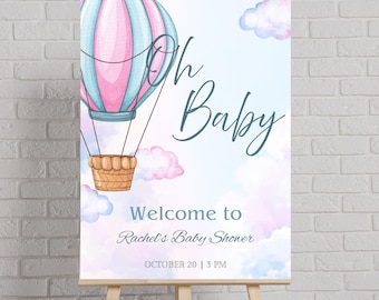 Personalised Baby Shower Welcome Sign | Hot Air Balloon Baby Shower Decoration | Baby Shower Welcome Board | Custom Text Name & Date