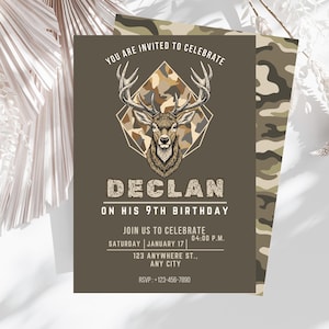May include: An invitation card with a deer illustration and camouflage accents. The text reads "YOU ARE INVITED TO CELEBRATE DECLAN ON HIS 9TH BIRTHDAY." Details include the date, time, and RSVP information. The card has a brown and green color scheme.