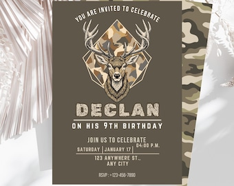 Deer Hunting Birthday Invitation | Camo Deer Antlers Boys Party | Editable Canva Template | Buck Deer Invite Instant Download Printable