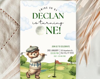 Golf Teddy Bear | Boy Golf Baby Shower Invitation | New to the Club Green Golfing Invite Editable Canva Template