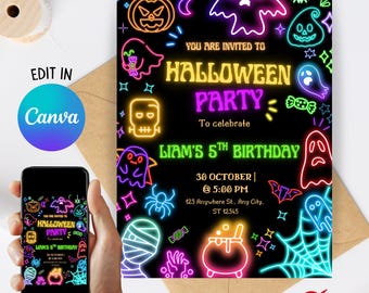 Neon Halloween Birthday Invitation, Spooky Party Invite (Editable Canva)