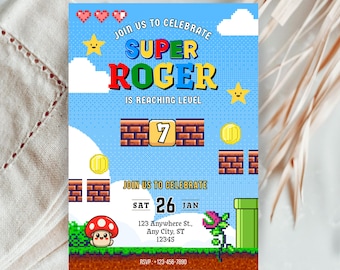 Super Mario Birthday Invitation | Editable Canva Template | Printable Digital Download | Mario Party Invite for Kids Boys Girls | Colorful