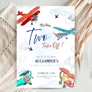 Editable Airplane Birthday Invitation Plane Invitation Time To fly, Time To Take Off Boy 2nd Birthday ANY AGE Aviation Sky Theme Party