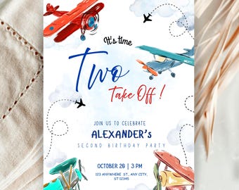 Editable Airplane Birthday Invitation Plane Invitation Time To fly, Time To Take Off Boy 2nd Birthday ANY AGE Aviation Sky Theme Party