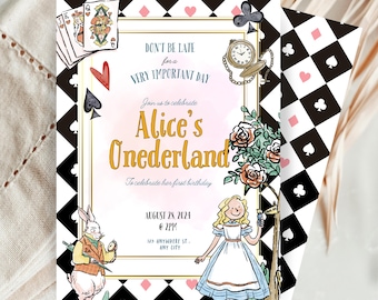 May include: An invitation for "Alice's Onederland" with a gold frame, featuring illustrations of playing cards, a rabbit, and Alice. The text reads "Don't be late for a very important day" and includes the date, time, and location.