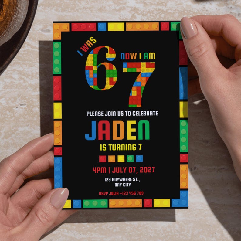 May include: A birthday invitation with a black background and colorful block-style borders. The text reads "I WAS 67 NOW I AM" and "PLEASE JOIN US TO CELEBRATE JADEN IS TURNING 7". The invitation includes the date, time, and RSVP information.