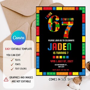 May include: A black birthday invitation with a colorful border of toy blocks. The invitation reads "I was 6, now I am 7" with the name "Jaden" and party details. The Canva template is easy to edit.