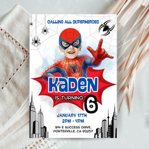 Personlig Spiderman-inbjudan, Spiderman-födelsedagsfestmall, redigerbar födelsedagsinbjudan, digital fil