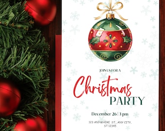 May include: A Christmas party invitation with a watercolor design. The invitation features a red and green ornament with a gold bow, and the words "Christmas Party" in red script. The date and time are also included.
