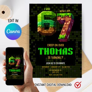 May include: A digital birthday invitation with a pixelated design. The invitation reads "I was 6, now I am 7" with the name "Thomas" and the event details. The invitation is available as an instant digital download.