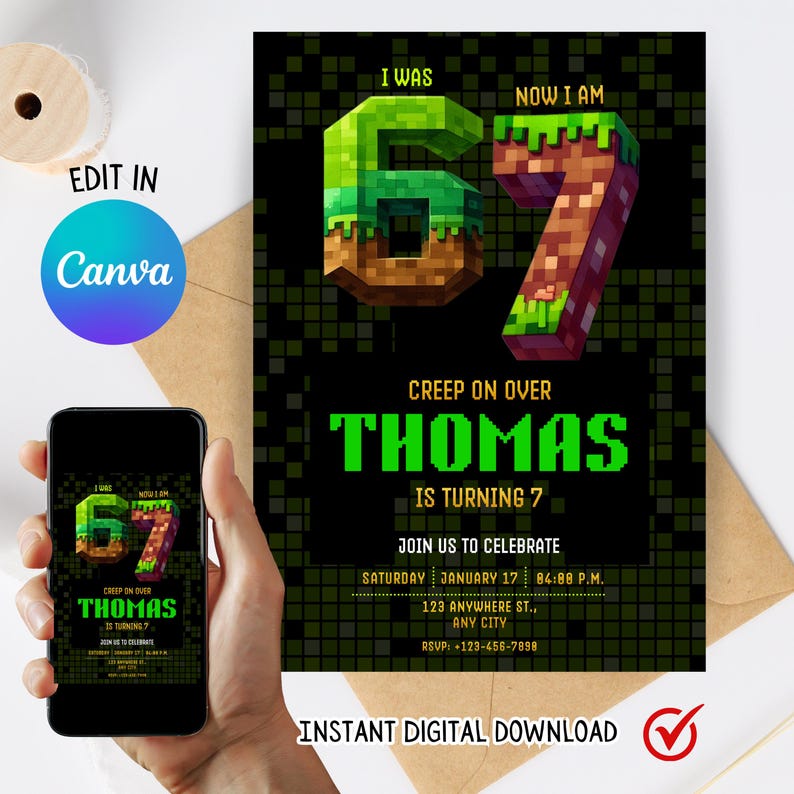 May include: A digital birthday invitation with a pixelated design. The invitation reads "I was 6, now I am 7" with the name "Thomas" and the event details. The invitation is available as an instant digital download.