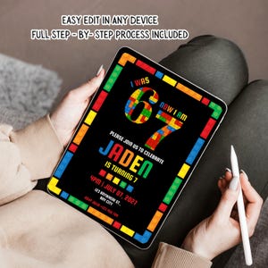 May include: A digital birthday invitation on a tablet. The invitation has a black background with colorful block-style borders. Text includes "I WAS 67 NOW I AM", "Jaden is turning 7", and event details. The tablet is held by a person.
