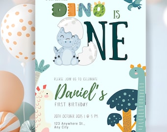 Szablon zaproszenia urodzinowego z dinozaurem, pierwsze urodziny dinozaura, urodziny dinozaura, drukowane zaproszenie urodzinowe, pierwsze urodziny chłopca z dinozaurem