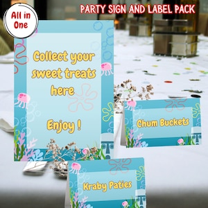 May include: A party sign and label pack with a blue and yellow theme. The large sign reads "Collect your sweet treats here, Enjoy!" with jellyfish and flower graphics. Smaller signs say "Kraby Paties" and "Chum Buckets".