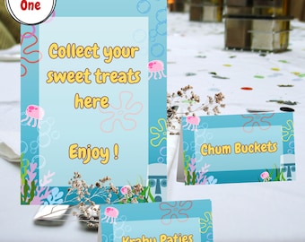 Sponge Under the Sea Food Labels: DIY Birthday Party Decor (Canva Template)