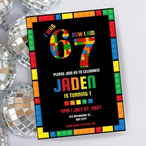 May include: Black birthday invitation with colorful block-style border and text. The invitation reads "I WAS 67 NOW I AM" and "PLEASE JOIN US TO CELEBRATE JADEN IS TURNING 7" with date, time, address, and RSVP information.