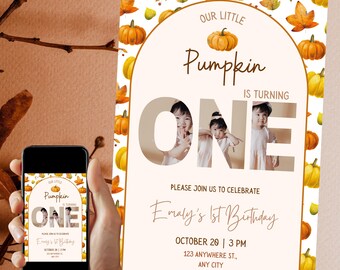 Invito modificabile per il primo compleanno della nostra piccola zucca Invito per il primo compleanno per bambina Autunno Boho Halloween Download digitale Stampabile Invito carino