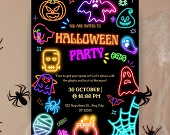 Editable Neon Halloween Party Invite  Spooktacular Costume Party Glowing Invitation halloween DIY Kids Cute invite halloween invitation