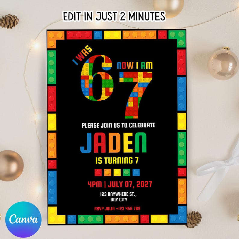 May include: A birthday party invitation with a black background and a colorful border of toy blocks. The invitation reads "I was 6, now I am 7" with the name "Jaden" and party details. The Canva logo is in the bottom left corner.