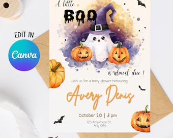 May include: A Halloween-themed baby shower invitation with a watercolour illustration. It features a ghost in a witch's hat, pumpkins, and the text "A little Boo is almost due!" The invitation is for Avery Denis, October 20 at 3 pm.