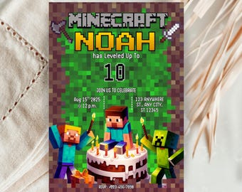 Editable Pixel Birthday Invitation | Pixel Theme Digital Template Canva Download | Block Party Invite Gamer Birthday Invitation for Boys