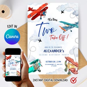 May include: A digital birthday party invitation template featuring watercolor illustrations of red, blue, and yellow airplanes flying among clouds. The text reads: It's time Two Take Off! Join us to celebrate Alexander's second birthday party.