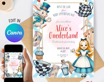 Alice in Wonderland Invitation Template, Alice in Onederland 1st Birthday Invite, Mad Tea Party, EDITABLE Printable Instant Download