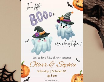 Twin A Little Boo is almost due Halloween Baby Shower Invitation EDITABLE Boy Girl Halloween BabyShower Invite Cute Ghost Babyshower Digital