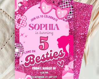 Editable Pink Doll Birthday Invitation Glitter Stylish Girl Princess Party Digital Instant Download Canva Template Pink theme