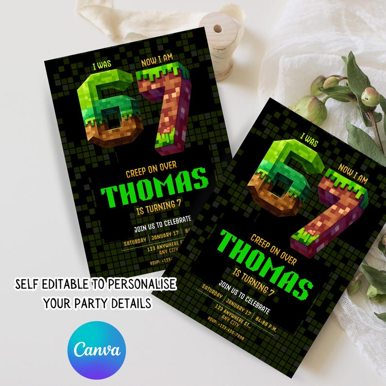 May include: Two black invitations with pixelated green and brown numbers and text. The invitations read "I was 6, now I am 7" and "Creep on over Thomas is turning 7". The invitations are for a birthday party.