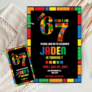 Six Seven Building Blocks Birthday Invitation, 7th lego birthday invite boy 6 7 Meme Building Blocks Birthday Party 7th Constructor Birthday