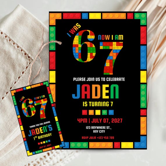 Six Seven Building Blocks Birthday Invitation, 7th lego birthday invite boy 6 7 Meme Building Blocks Birthday Party 7th Constructor Birthday