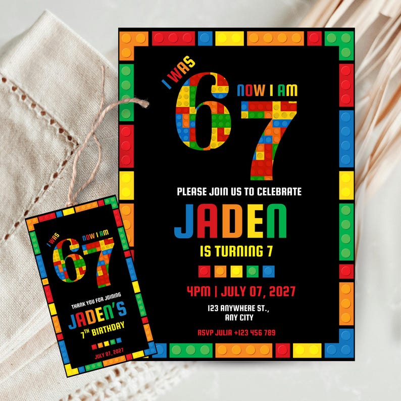 Six Seven Building Blocks Birthday Invitation, 7th lego birthday invite boy 6 7 Meme Building Blocks Birthday Party 7th Constructor Birthday image 1