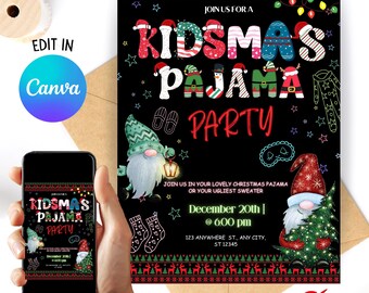 Invitación para fiesta de pijamas navideña infantil. Plantilla digital de descarga instantánea para fiesta de pijamas navideña infantil con suéteres navideños feos.