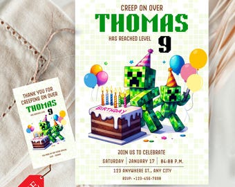 Editable Pixel Block Birthday Party Invitation Template, Digital Gamer Party Invite, Canva template, Mine Crafter Boys Birthday Party